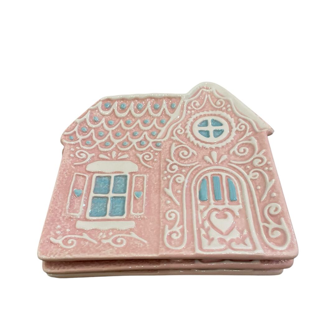 Godinger Pastel Pink Gingerbread House 6in Ceramic Appetizer Plates New - Picture 9 of 16